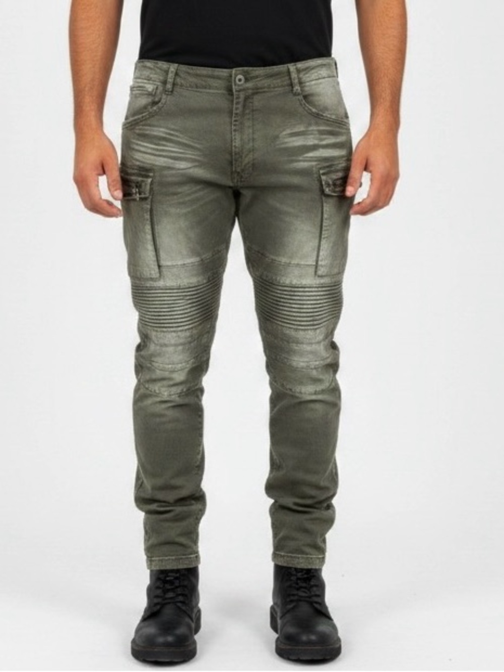 Smoke Rise Olive Green Moto Cargo Slim Jeans Size Men’s 44/32